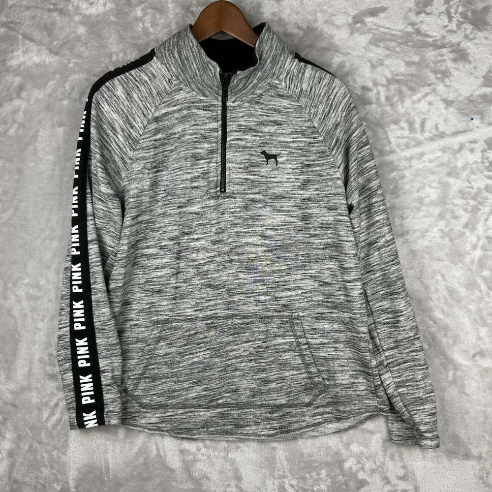 Victoria's Secret PINK Quarter Zip Pullover Gray Heather‎ Dog Logo Sleeve Print